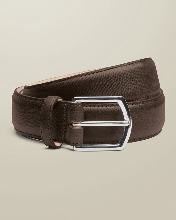 Leather Formal Saffiano Print Belt - Dark Chocolate