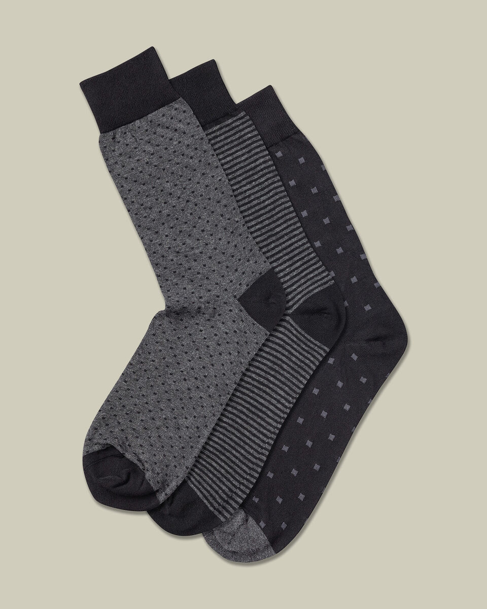 Cotton Rich Patterned 3 Pair Multipack Socks - Black & Gray Main image