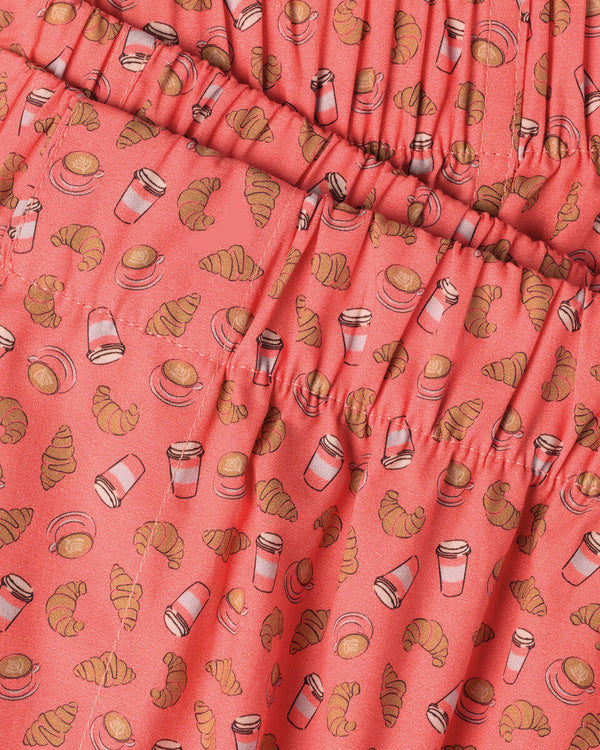 Woven Tea & Croissant Print Boxers - Coral Pink