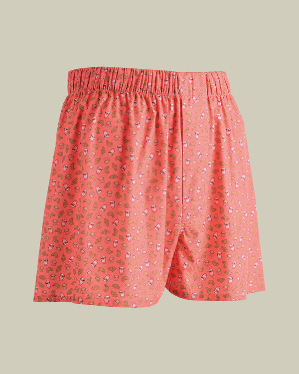 Woven Tea & Croissant Print Boxers - Coral Pink