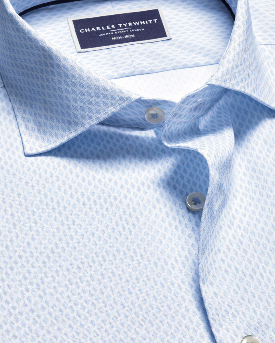 Semi-Spread Collar Non-Iron Stretch Poplin Diamond Print Shirt - Light Blue