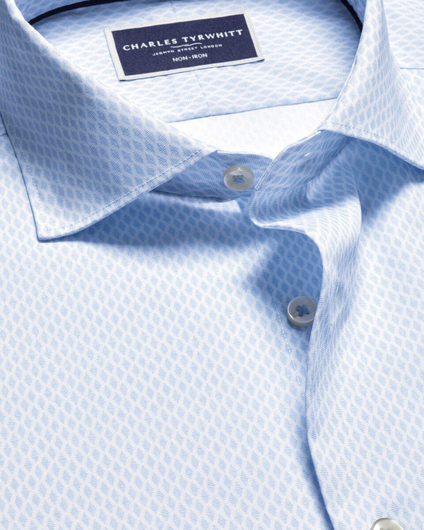 Semi-Spread Collar Non-Iron Stretch Poplin Diamond Print Shirt - Light Blue