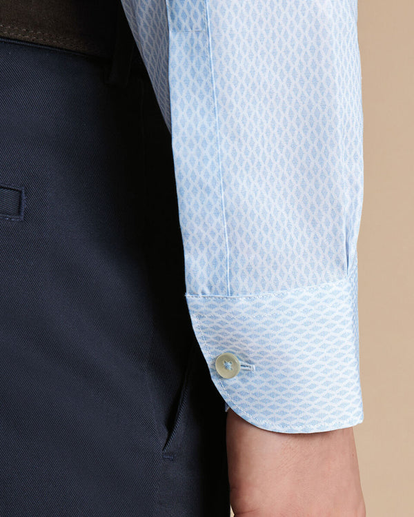 Semi-Spread Collar Non-Iron Stretch Poplin Diamond Print Shirt - Light Blue