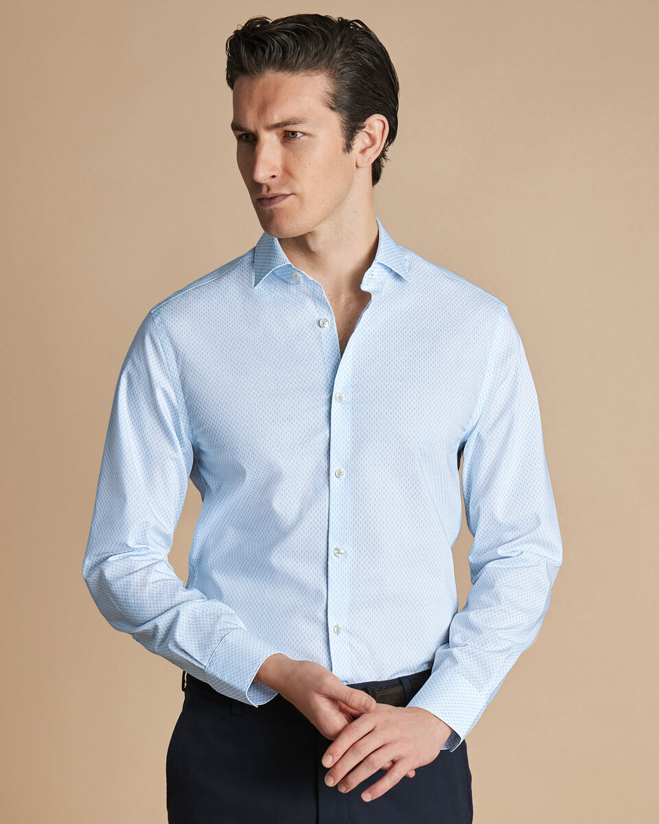 Semi-Spread Collar Non-Iron Stretch Poplin Diamond Print Shirt - Light Blue