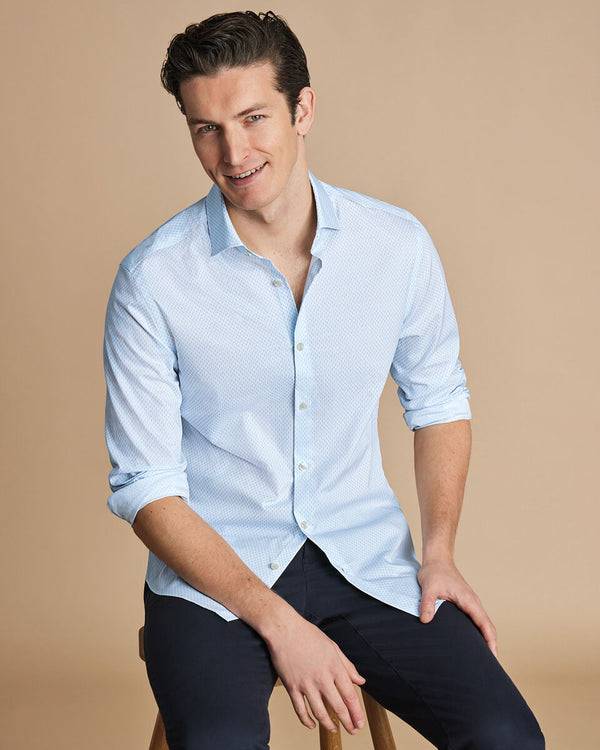 Semi-Spread Collar Non-Iron Stretch Poplin Diamond Print Shirt - Light Blue