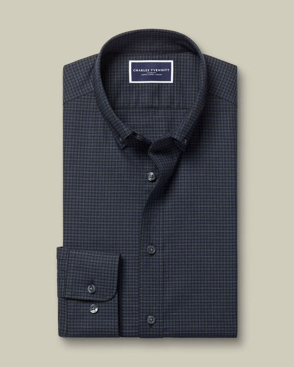 Brushed Cotton Twill Check Shirt - Dark Gray