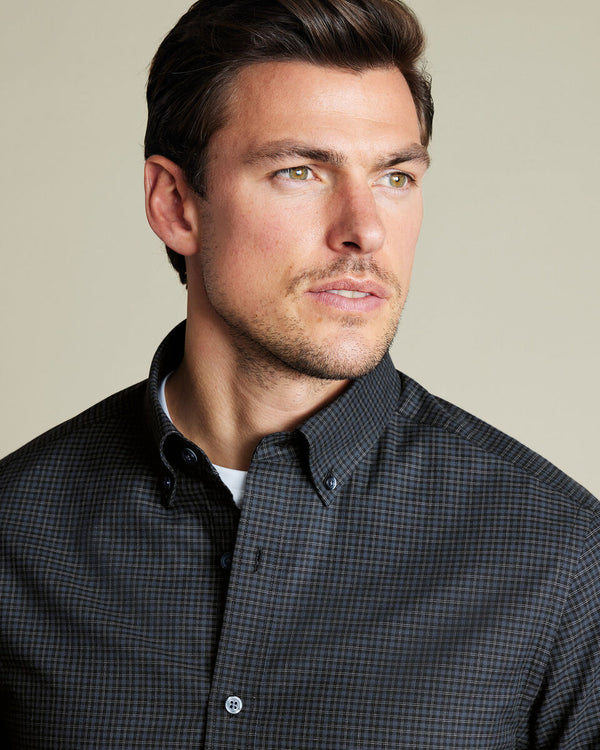 Brushed Cotton Twill Check Shirt - Dark Gray