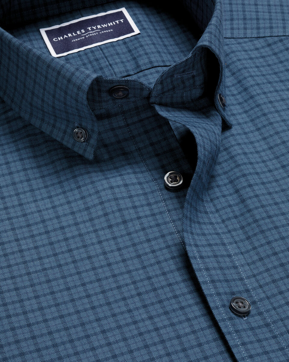 Brushed Cotton Twill Check Shirt - Petrol Blue Main image