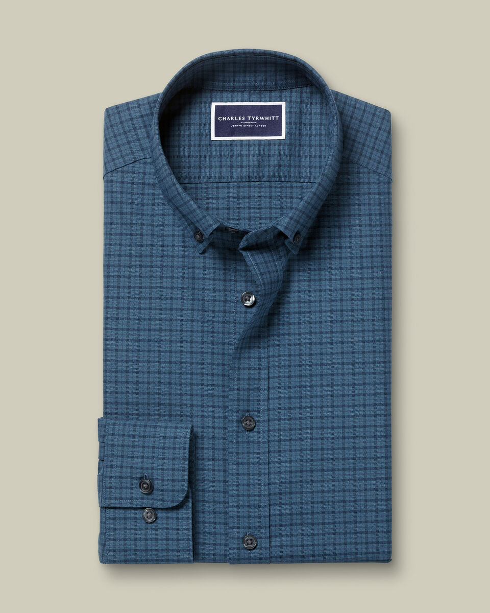 Brushed Cotton Twill Check Shirt - Petrol Blue
