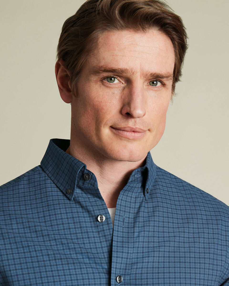 Brushed Cotton Twill Check Shirt - Petrol Blue