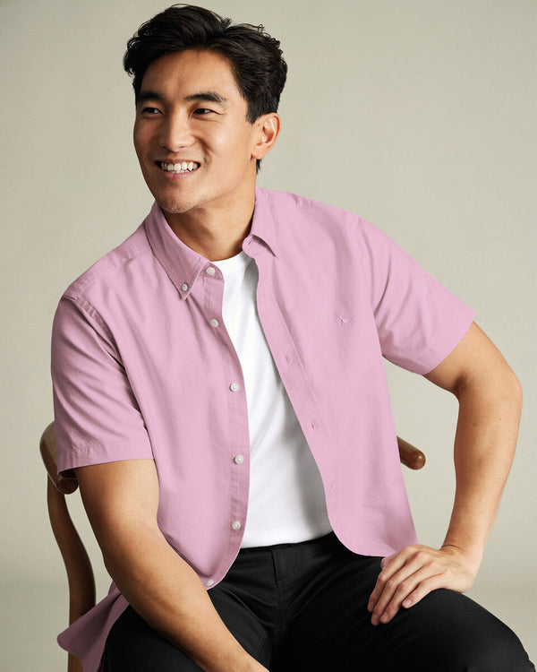 Short Sleeve Stretch Washed Oxford Shirt - Pink