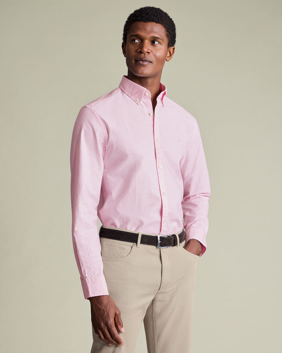 Button-Down Stretch Washed Oxford Stripe Shirt - Pink