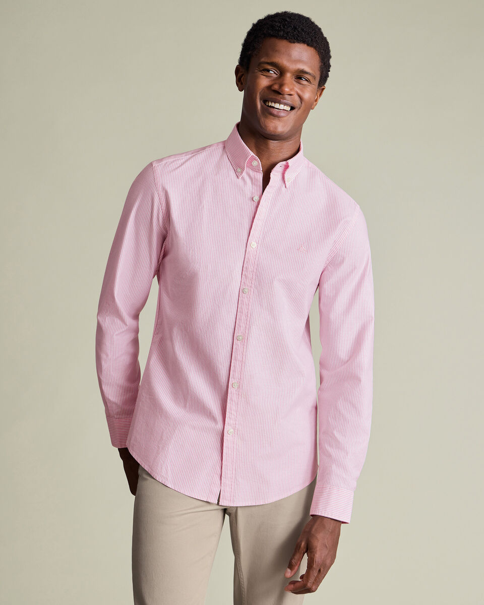 Button-Down Stretch Washed Oxford Stripe Shirt - Pink