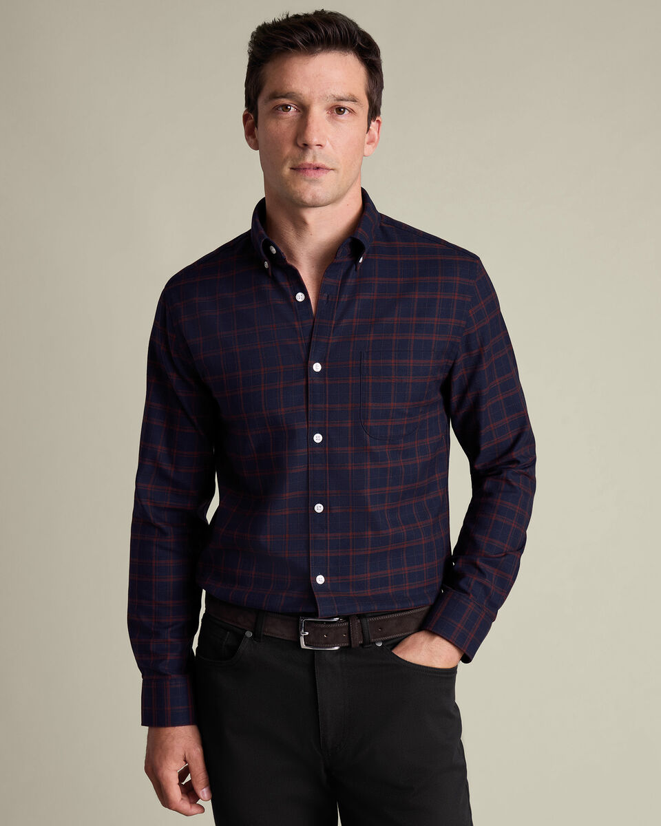 Non-Iron Twill Check Shirt - Navy Blue & Rust