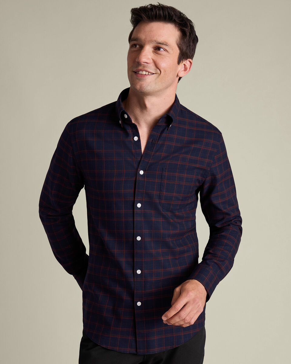 Non-Iron Twill Check Shirt - Navy Blue & Rust