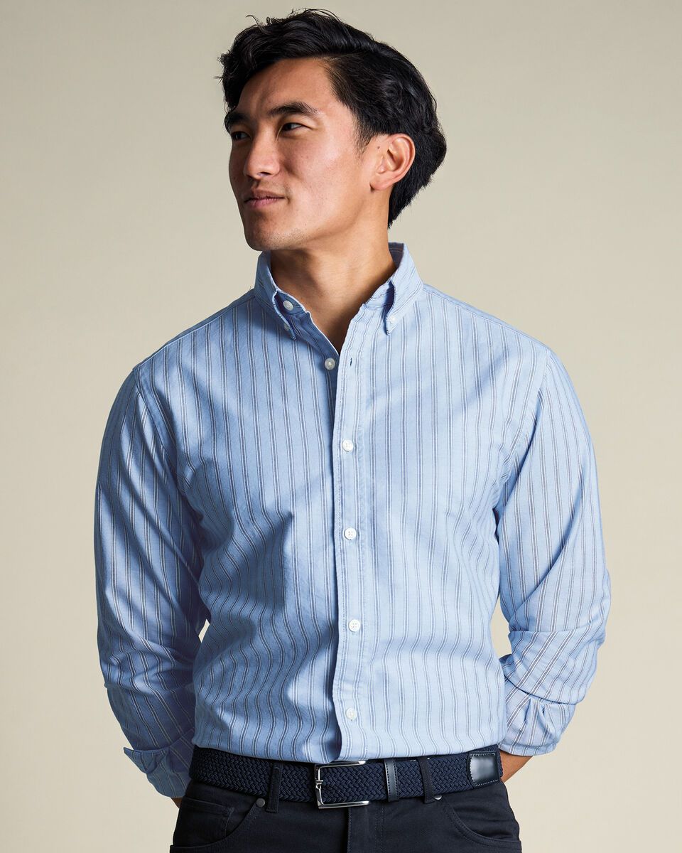 Button-Down Stretch Washed Oxford Stripe Shirt – Blue