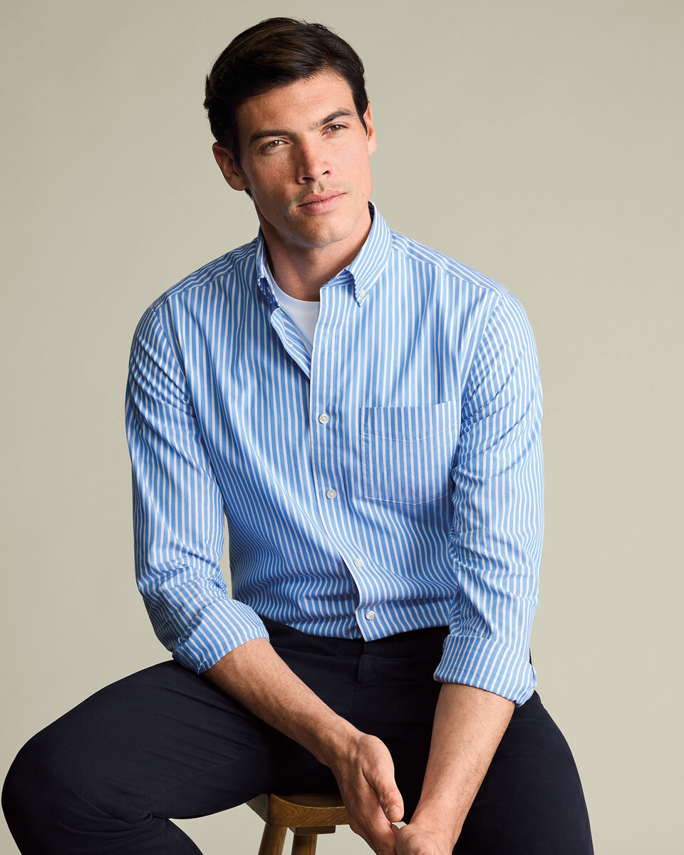 Button-Down Stretch Washed Poplin Stripe Shirt – Ocean Blue