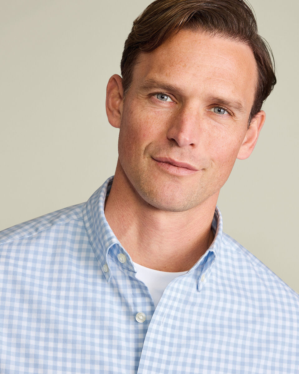Button-Down Stretch Washed Poplin Gingham Shirt – Light Blue