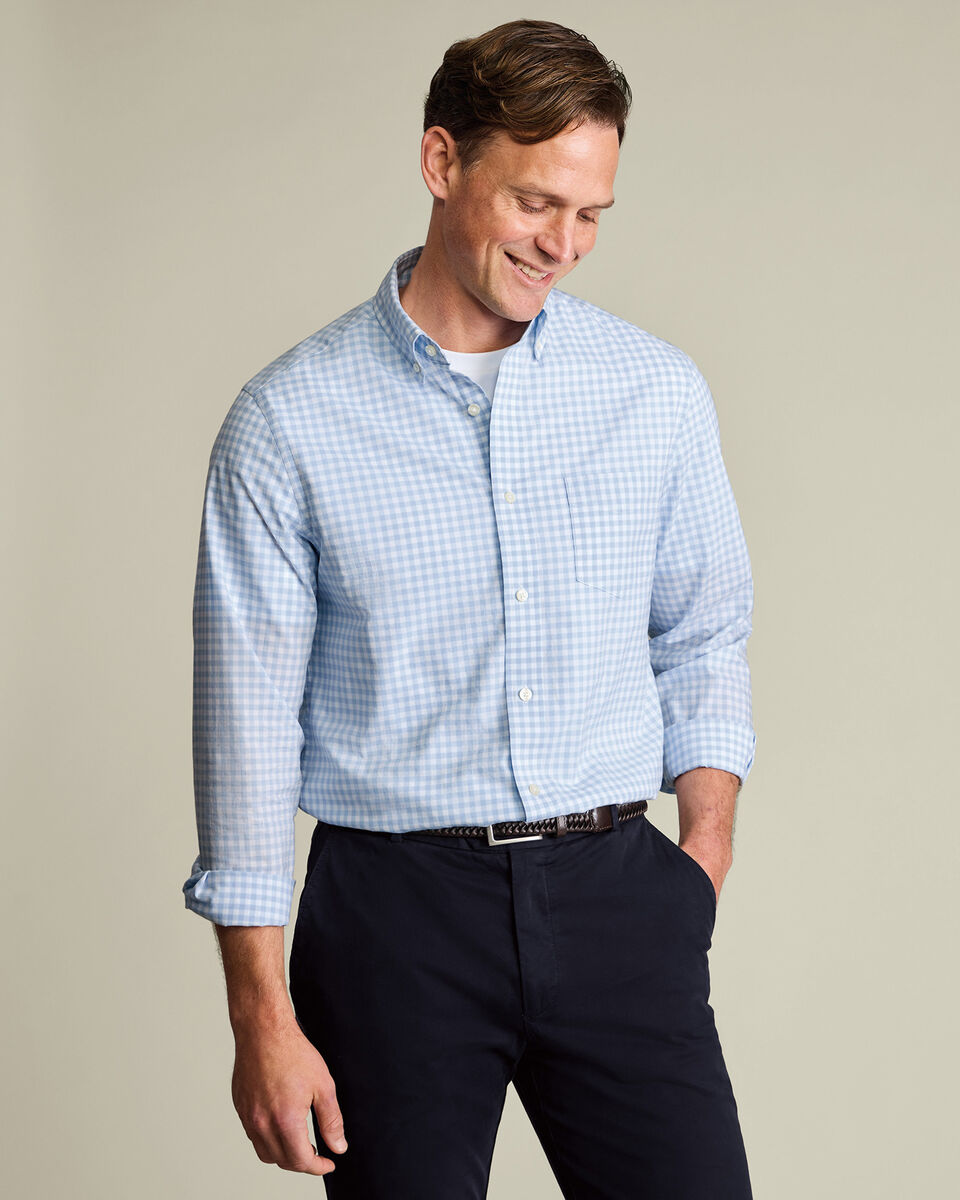 Button-Down Stretch Washed Poplin Gingham Shirt – Light Blue Main image