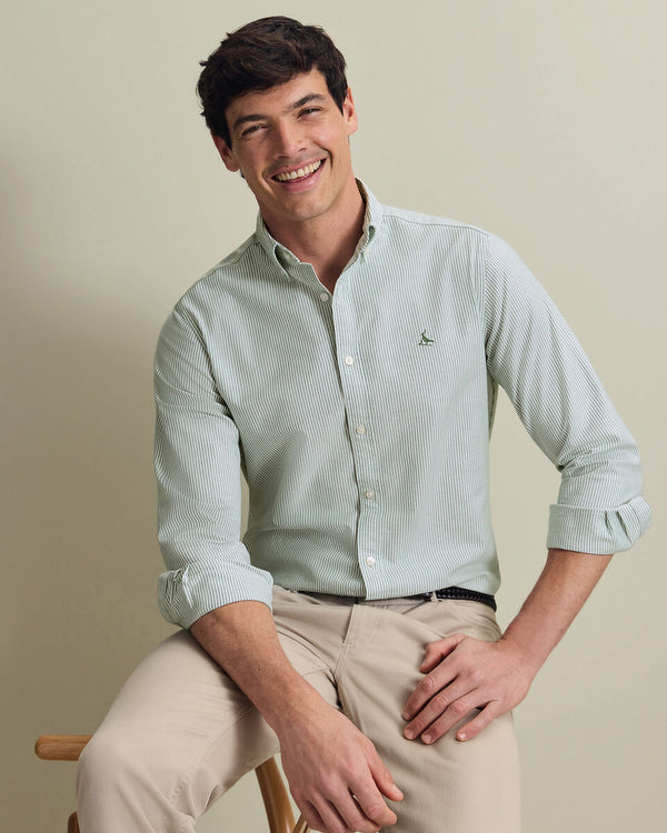 Button-Down Stretch Washed Stripe Oxford Shirt - Green