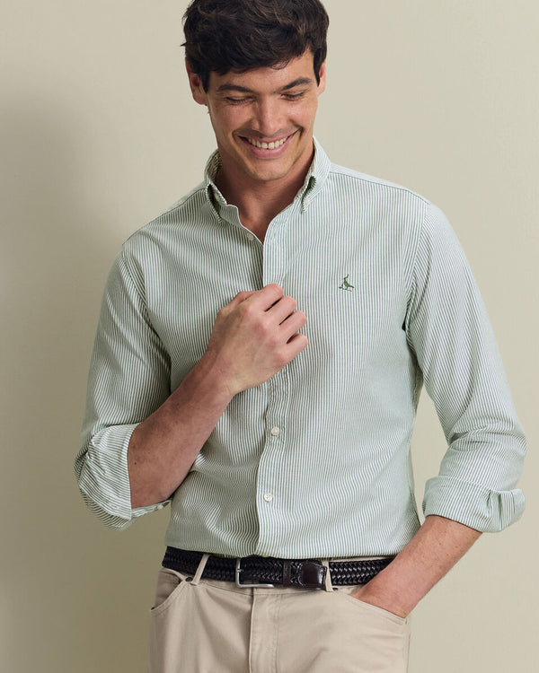 Button-Down Stretch Washed Stripe Oxford Shirt - Green