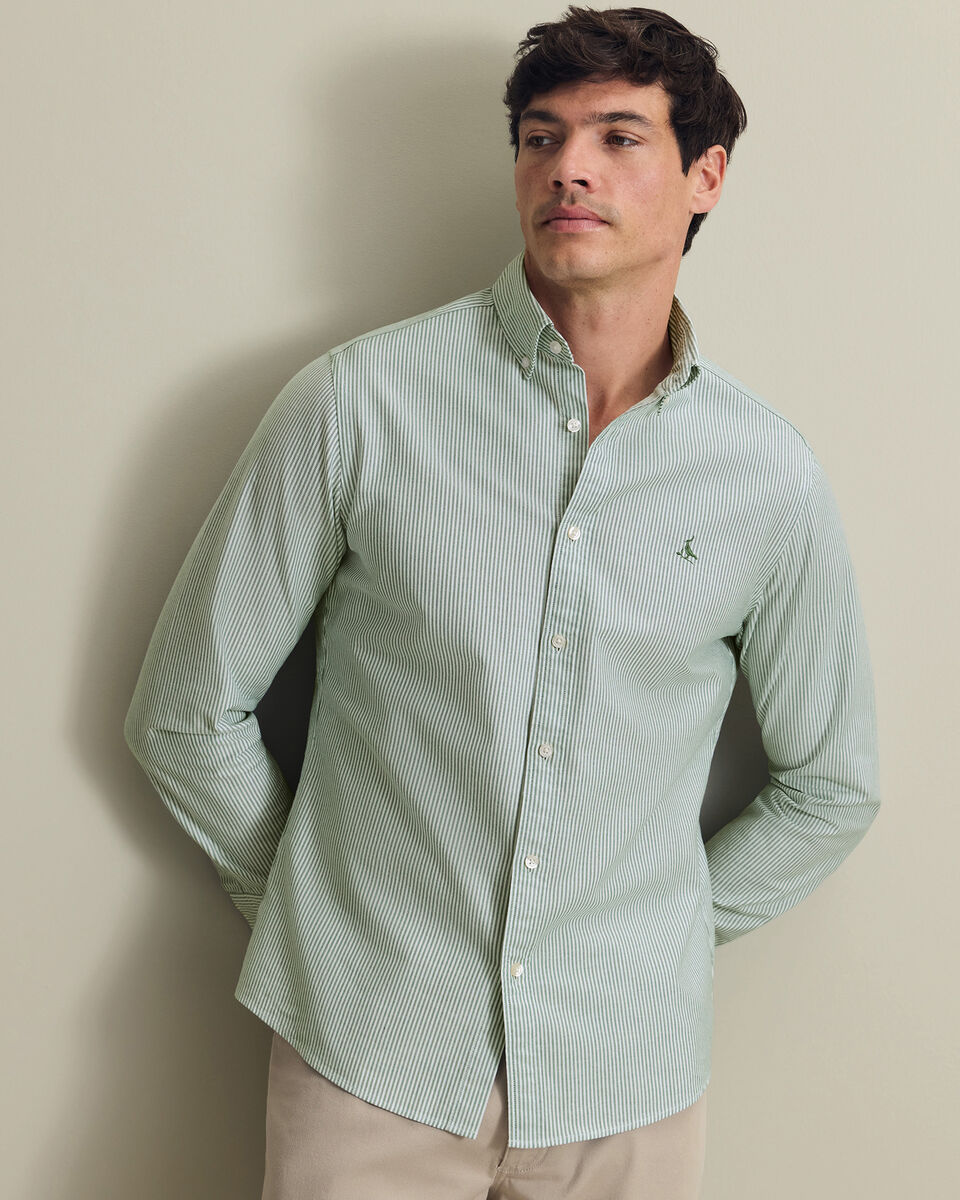 Button-Down Stretch Washed Stripe Oxford Shirt - Green Main image