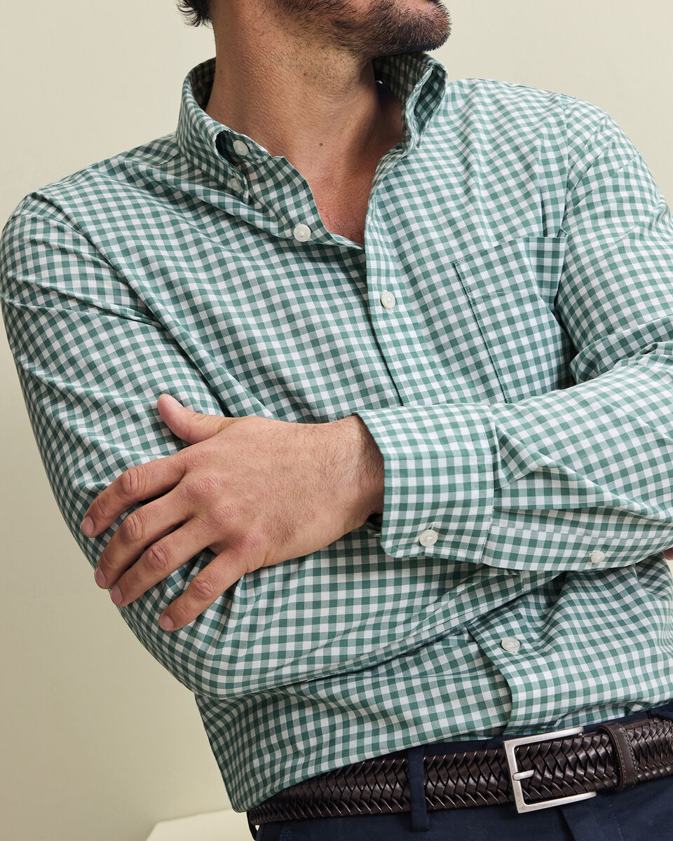 Button-Down Stretch Washed Poplin Gingham Shirt - Green