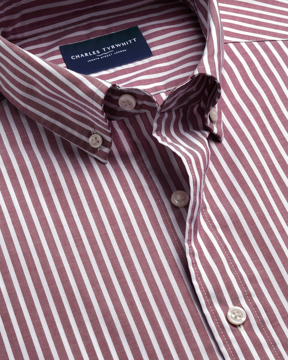 Button-Down Stretch Washed Poplin Stripe Shirt - Burgundy