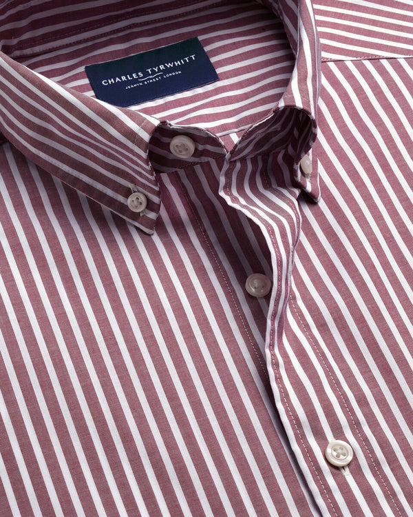 Button-Down Stretch Washed Poplin Stripe Shirt - Burgundy