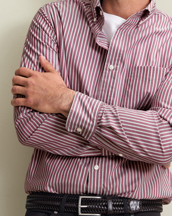 Button-Down Stretch Washed Poplin Stripe Shirt - Burgundy