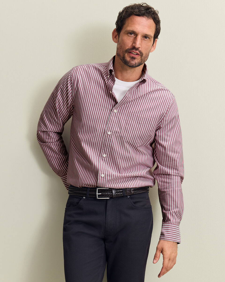 Button-Down Stretch Washed Poplin Stripe Shirt - Burgundy