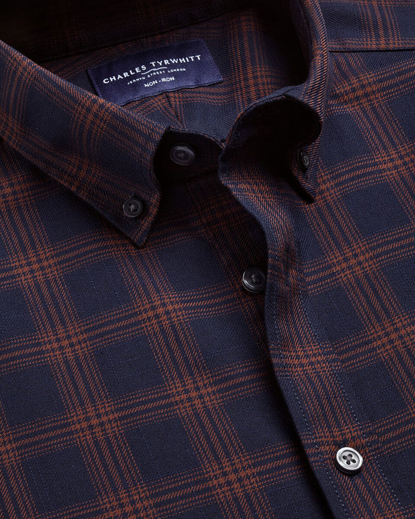 Non-Iron Twill Check Shirt - Navy & Amber