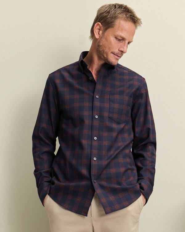 Non-Iron Twill Check Shirt - Navy & Amber