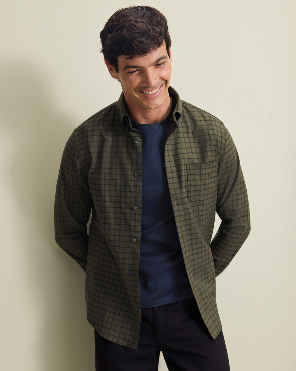 Non-Iron Twill Check Shirt - Olive Green Main image