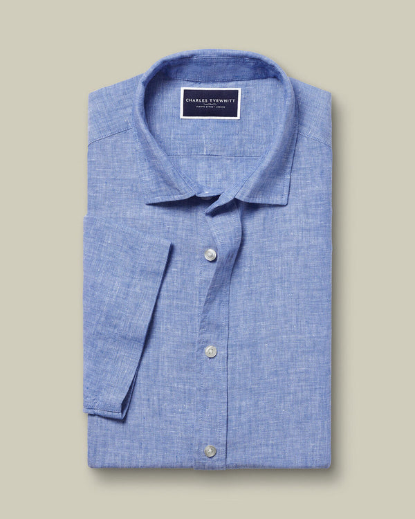 Pure Linen Short Sleeve Shirt - Cobalt Blue