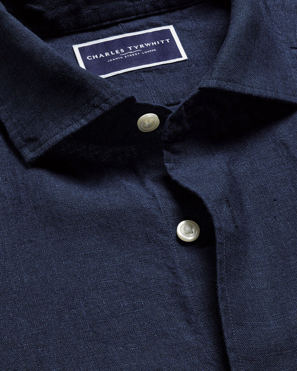 Short Sleeve Pure Linen Shirt - Navy