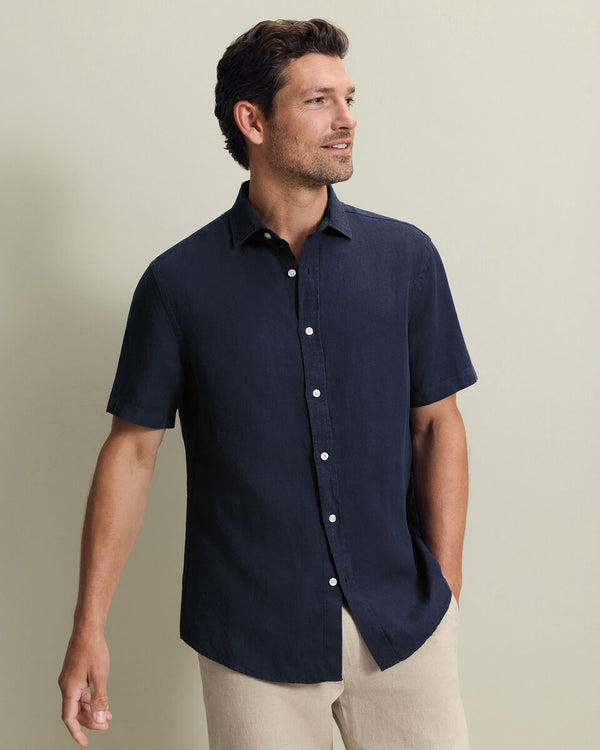 Short Sleeve Pure Linen Shirt - Navy