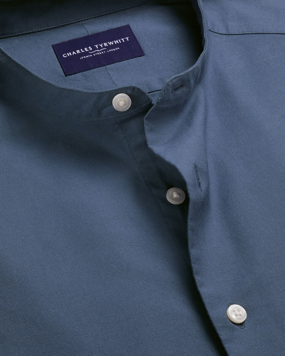 Collarless Stretch Washed Oxford Shirt - Airforce Blue
