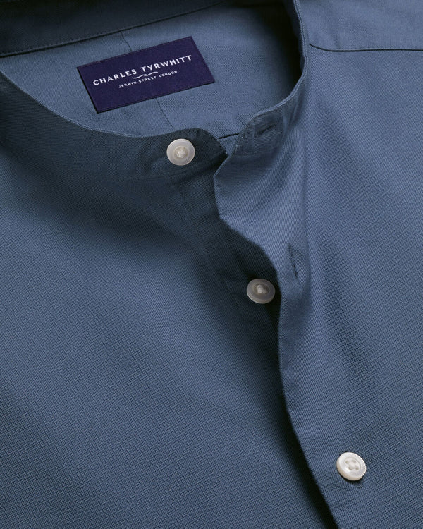 Collarless Stretch Washed Oxford Shirt - Airforce Blue