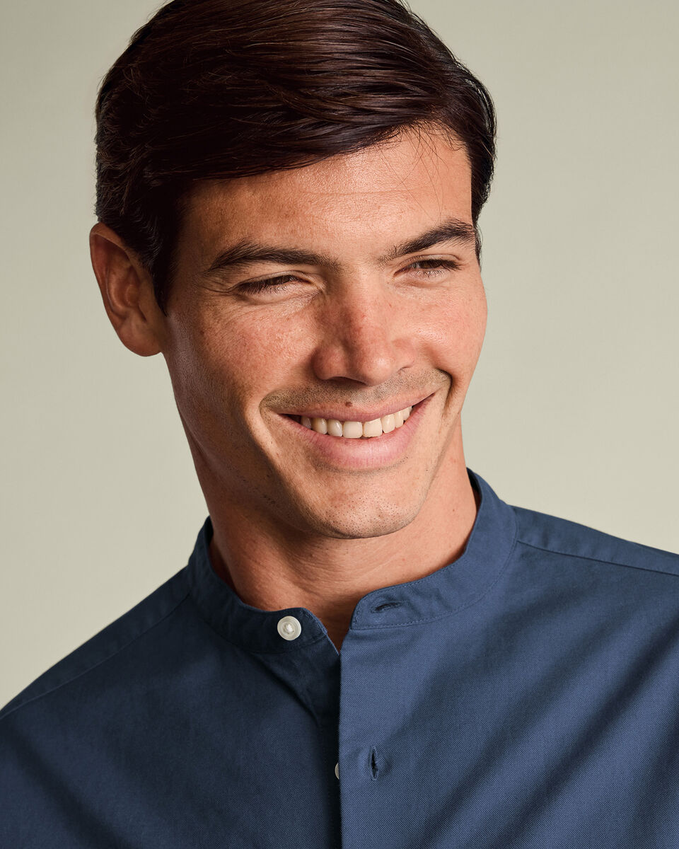 Collarless Stretch Washed Oxford Shirt - Airforce Blue