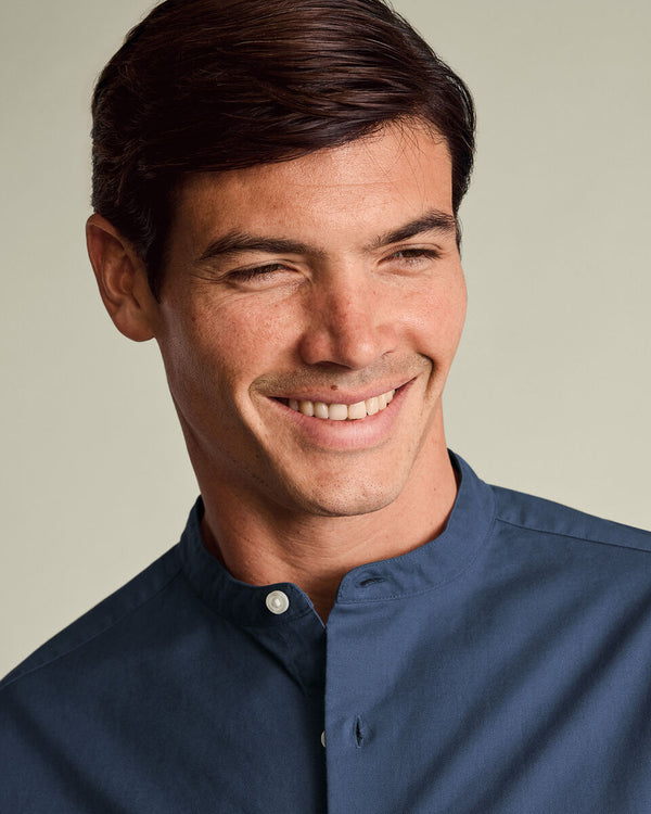 Collarless Stretch Washed Oxford Shirt - Airforce Blue