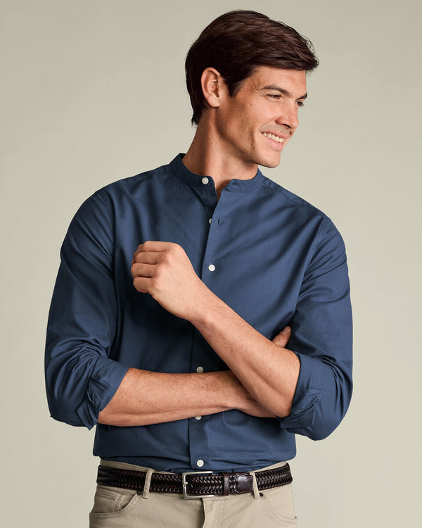 Collarless Stretch Washed Oxford Shirt - Airforce Blue