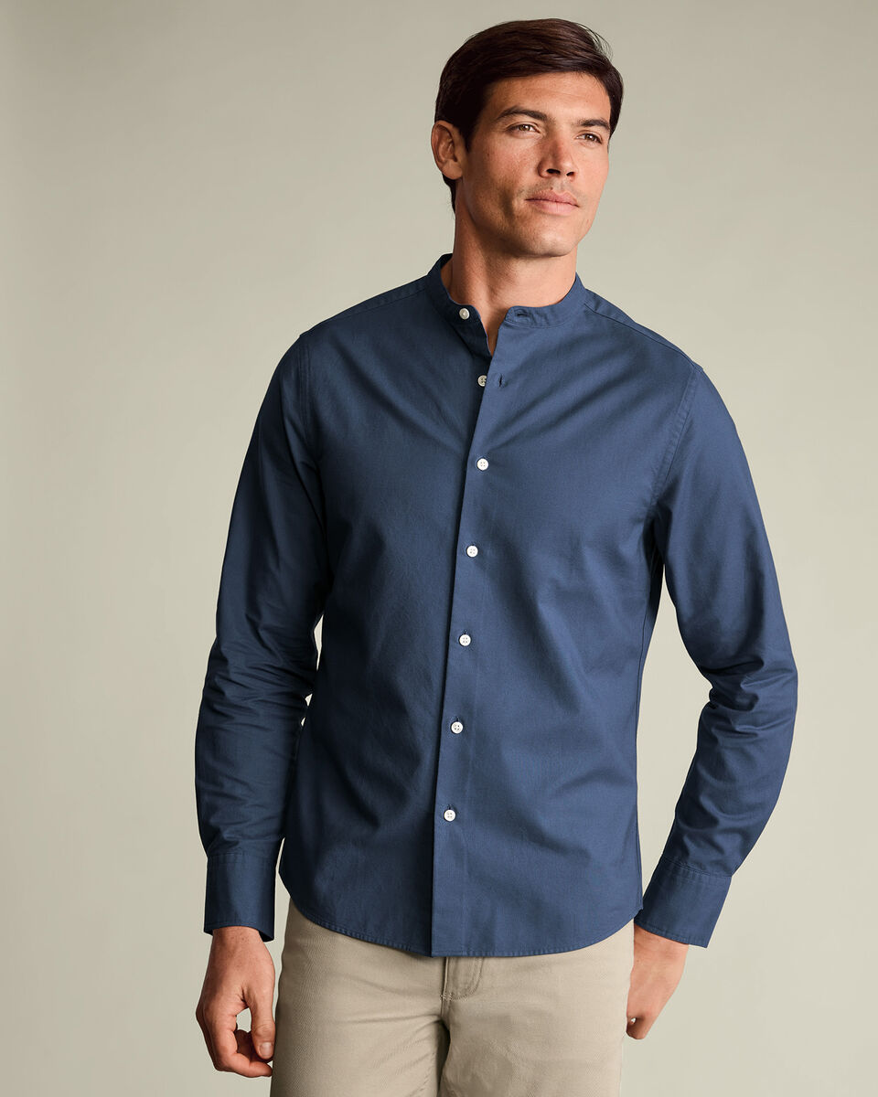 Collarless Stretch Washed Oxford Shirt - Airforce Blue