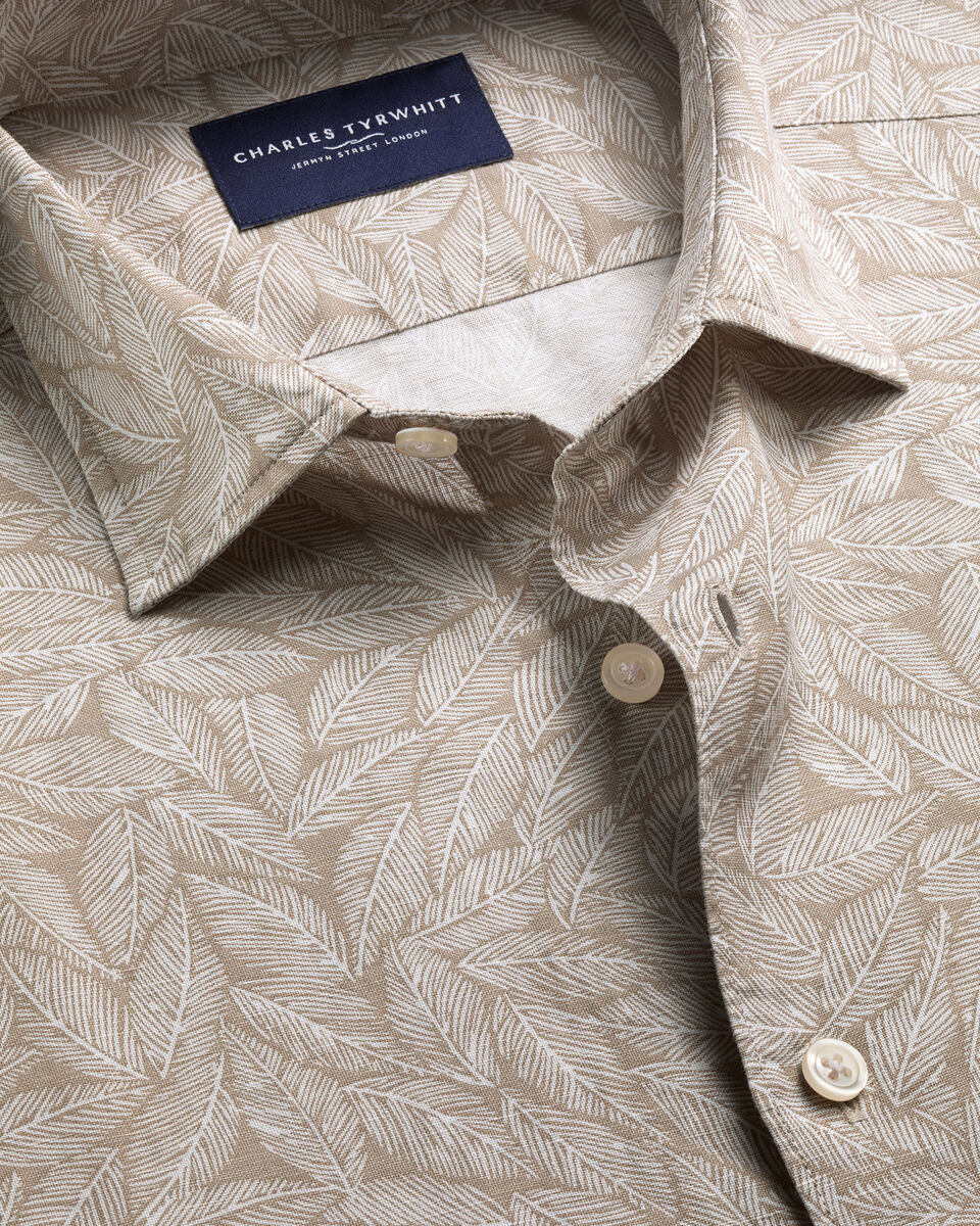 Short Sleeve Cotton Linen Leaf Print Shirt - Mocha