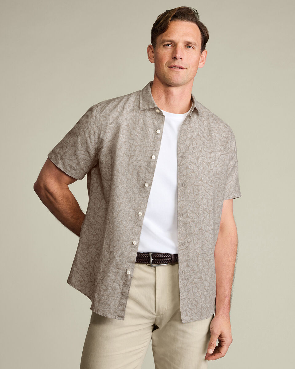 Short Sleeve Cotton Linen Leaf Print Shirt - Mocha
