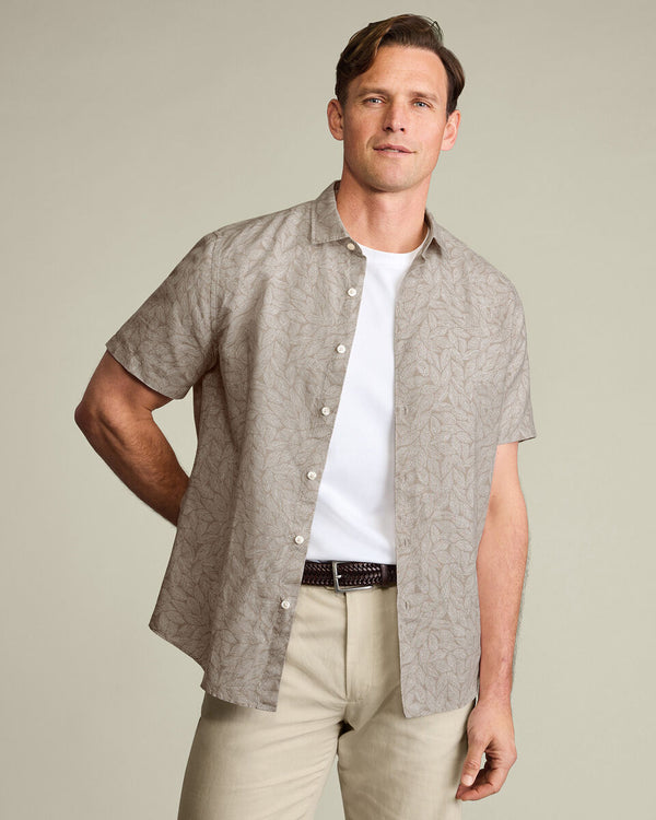 Short Sleeve Cotton Linen Leaf Print Shirt - Mocha