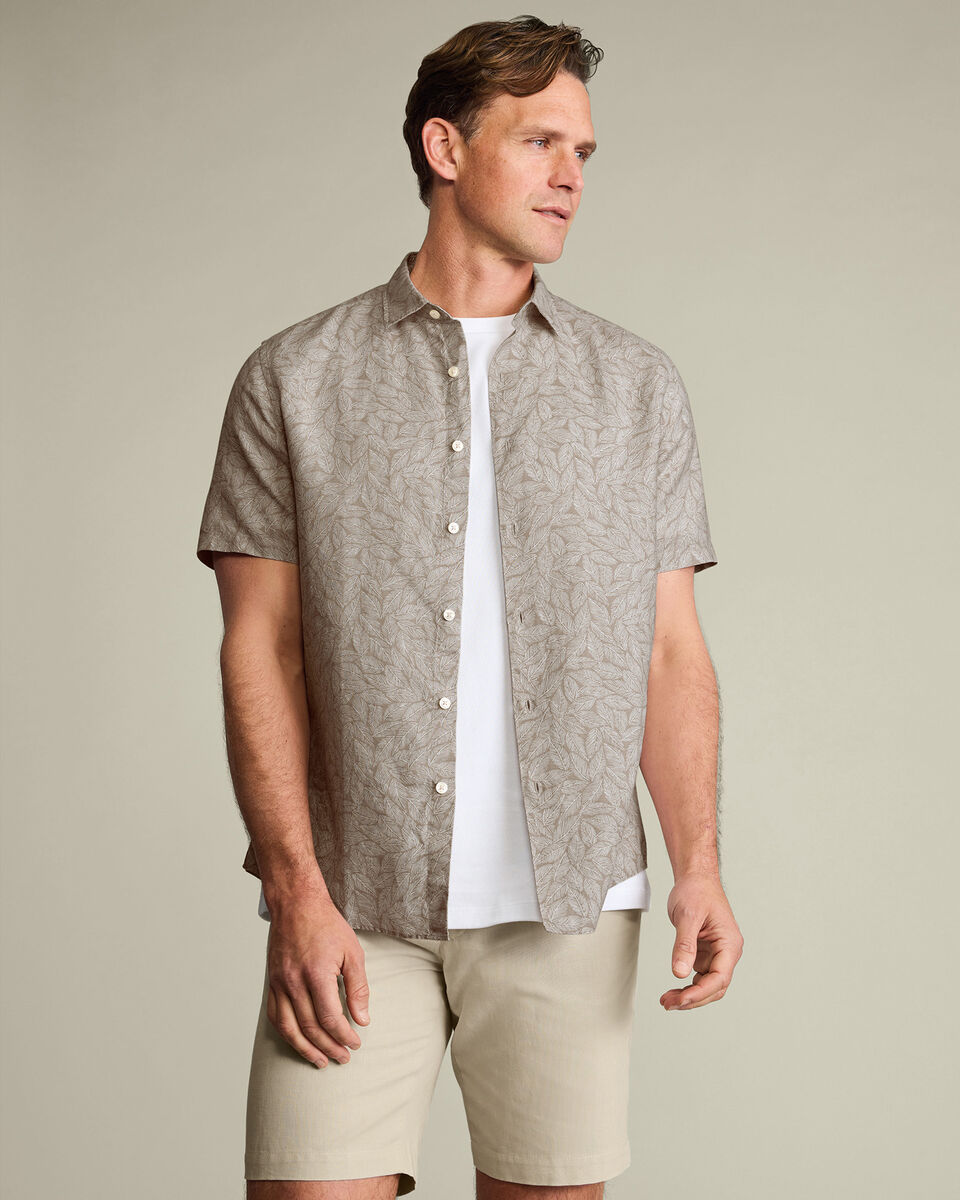 Short Sleeve Cotton Linen Leaf Print Shirt - Mocha