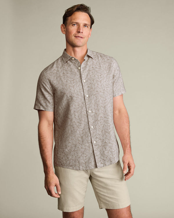 Short Sleeve Cotton Linen Leaf Print Shirt - Mocha