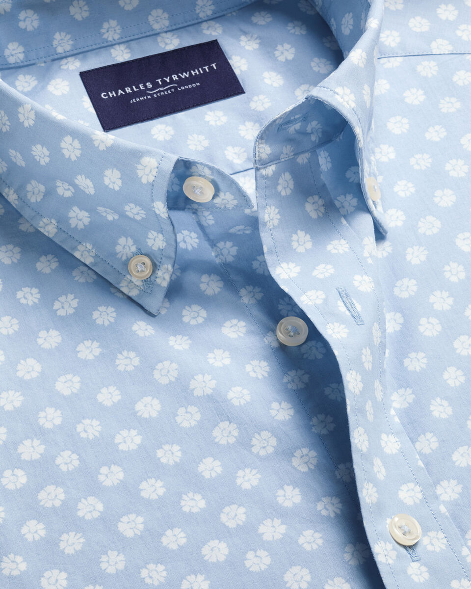 Short Sleeve Stretch Washed Poplin Floral Shirt - Light Blue