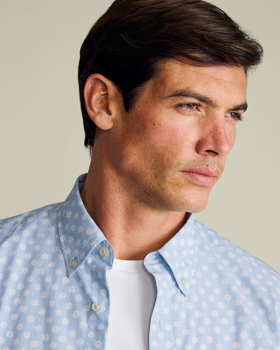 Short Sleeve Stretch Washed Poplin Floral Shirt - Light Blue